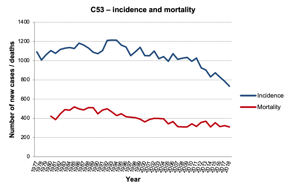 Figure 1: Trends in cervical cancer incidence and mortality rates in the Czech Republic: absolute numbers of new cases / deaths. Source: Czech National Cancer Registry (incidence in the entire period, mortality up to 1993), Czech Statistical Office (mortality since 1994).